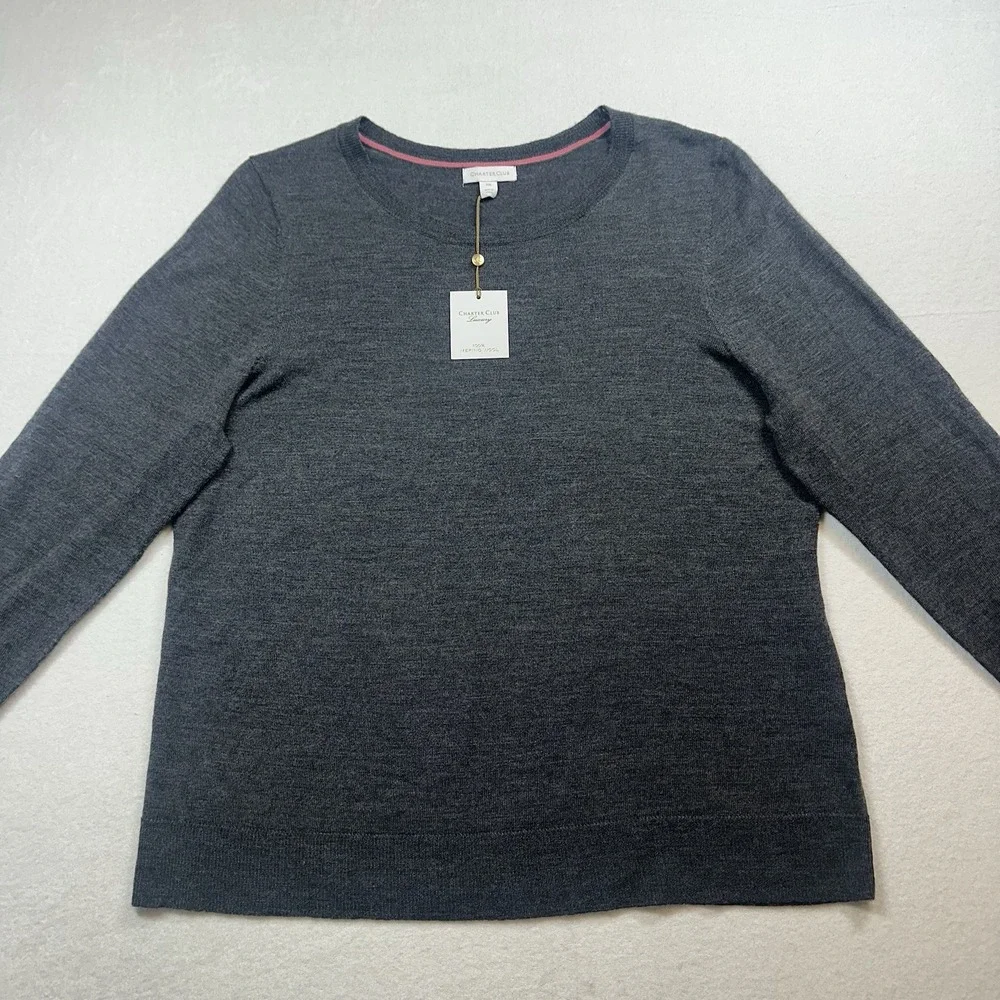 Charter Club Merino Wool Crewneck Sweater XXL Charcoal Heather‎ Button Cuff